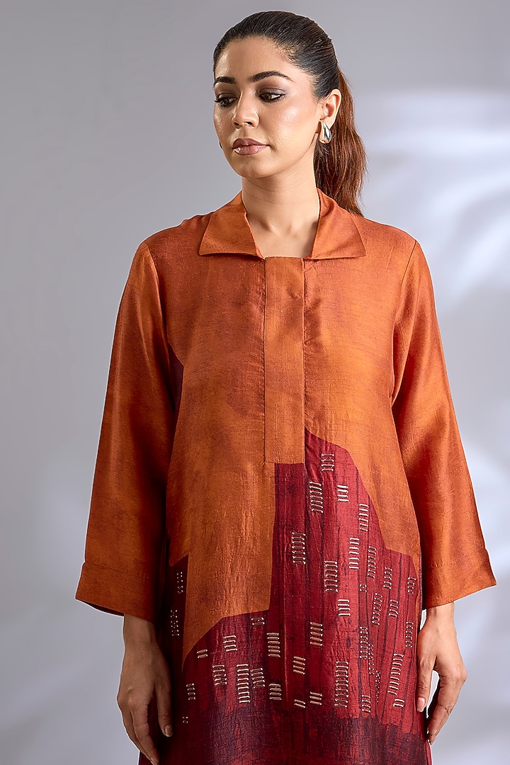 Rust & Crimson Dupion Silk Printed Straight Kurta Set by CLOS at Pernia's Pop Up Shop