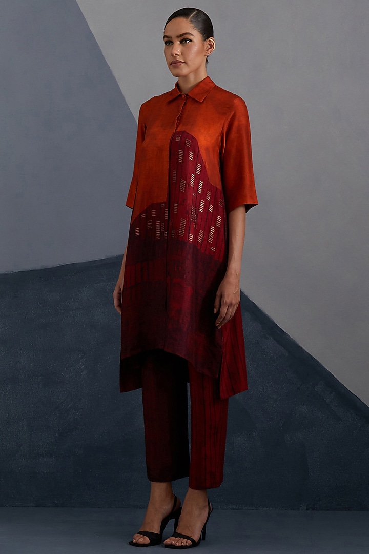 Rust & Crimson Dupion Silk Printed High-Low Tunic Set by CLOS at Pernia's Pop Up Shop
