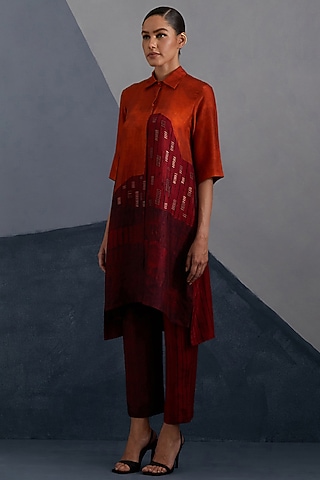 Rust & Crimson Dupion Silk Printed High-Low Tunic Set by CLOS