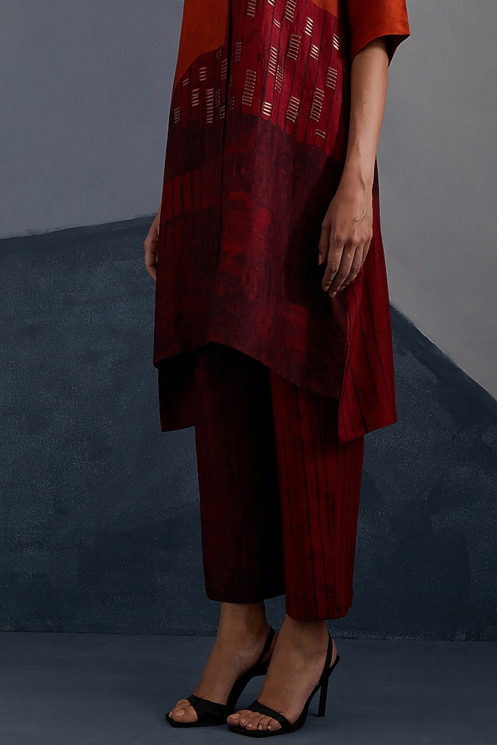 Rust & Crimson Dupion Silk Printed High-Low Tunic Set by CLOS at Pernia's Pop Up Shop