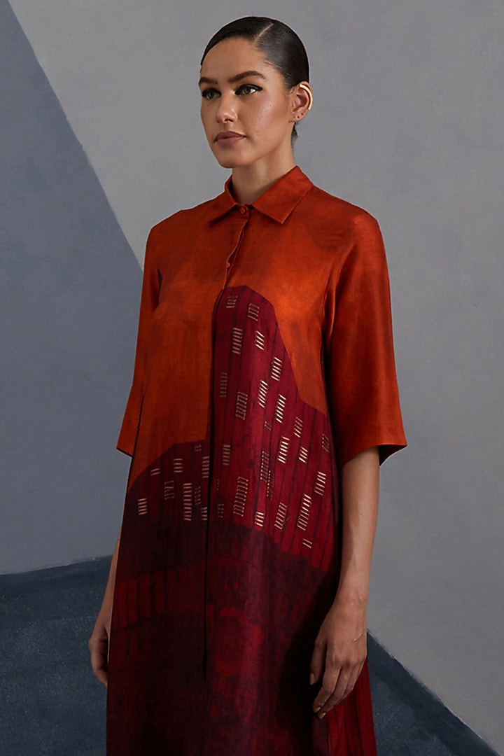 Rust & Crimson Dupion Silk Printed High-Low Tunic Set by CLOS at Pernia's Pop Up Shop