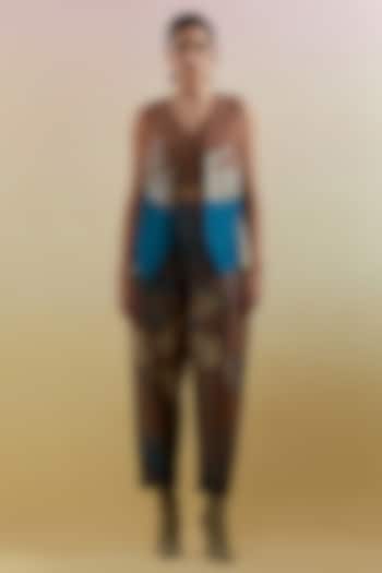 Brown & Blue Dupion Silk Applique Embroidered Vest Jacket Set by CLOS at Pernia's Pop Up Shop