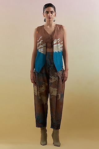 Brown & Blue Dupion Silk Applique Embroidered Vest Jacket Set by CLOS