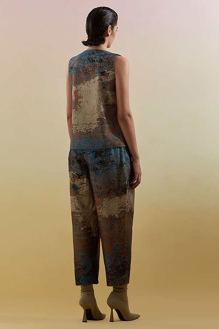 Brown & Blue Dupion Silk Applique Embroidered Vest Jacket Set by CLOS at Pernia's Pop Up Shop