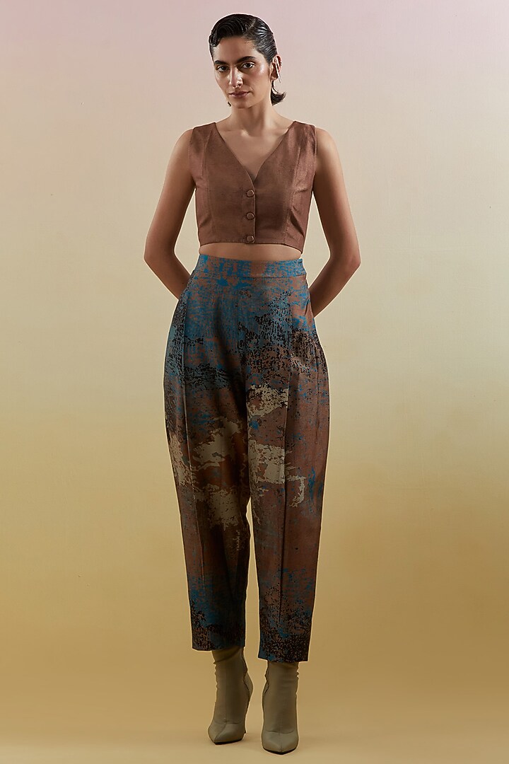 Brown & Blue Dupion Silk Applique Embroidered Vest Jacket Set by CLOS at Pernia's Pop Up Shop