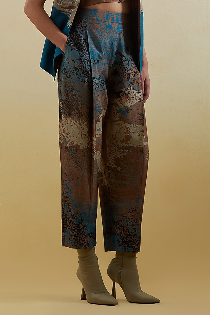 Brown & Blue Dupion Silk Applique Embroidered Vest Jacket Set by CLOS at Pernia's Pop Up Shop