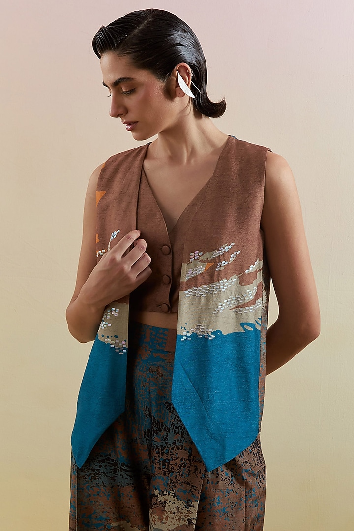 Brown & Blue Dupion Silk Applique Embroidered Vest Jacket Set by CLOS at Pernia's Pop Up Shop