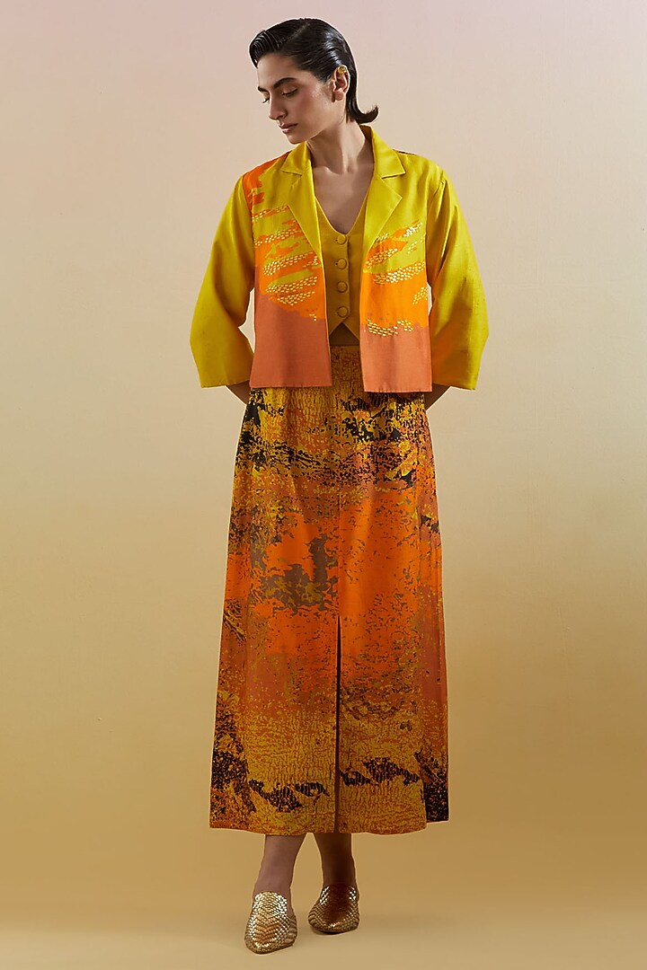 Yellow & Orange Dupion Silk Printed Structured Jacket Set by CLOS at Pernia's Pop Up Shop