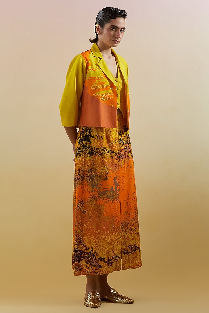 Yellow & Orange Dupion Silk Printed Structured Jacket Set by CLOS at Pernia's Pop Up Shop