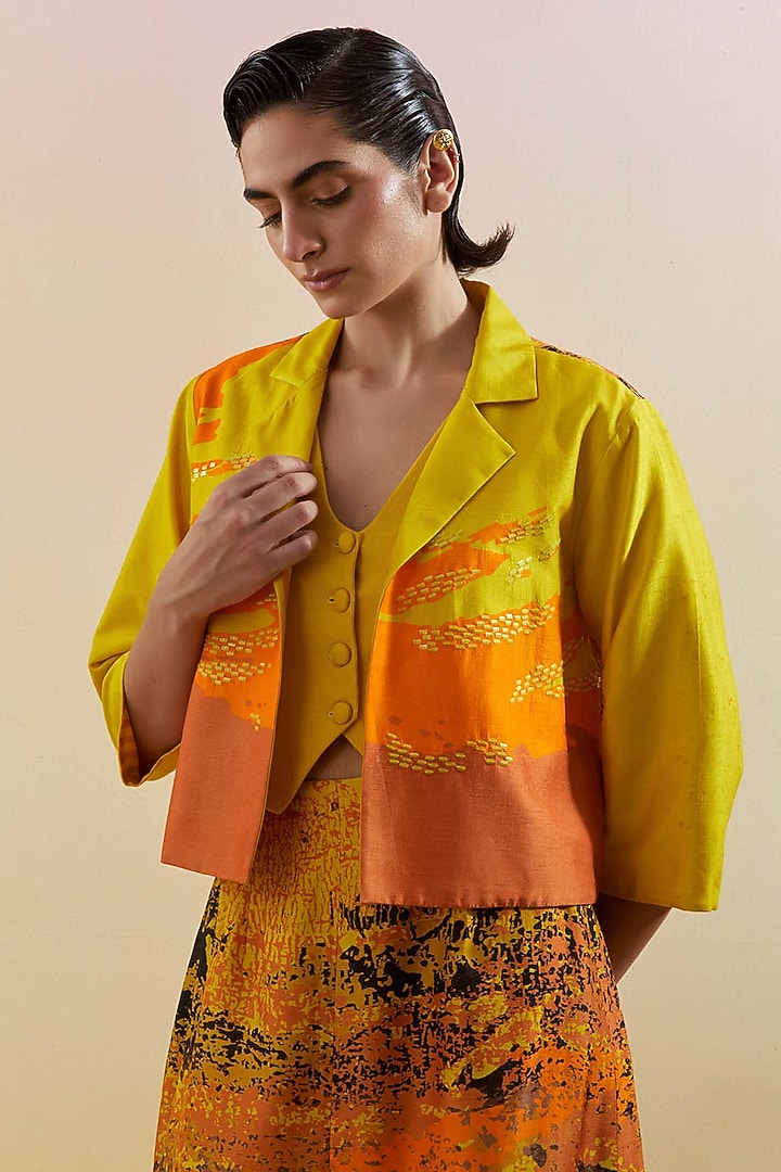Yellow & Orange Dupion Silk Printed Structured Jacket Set by CLOS at Pernia's Pop Up Shop