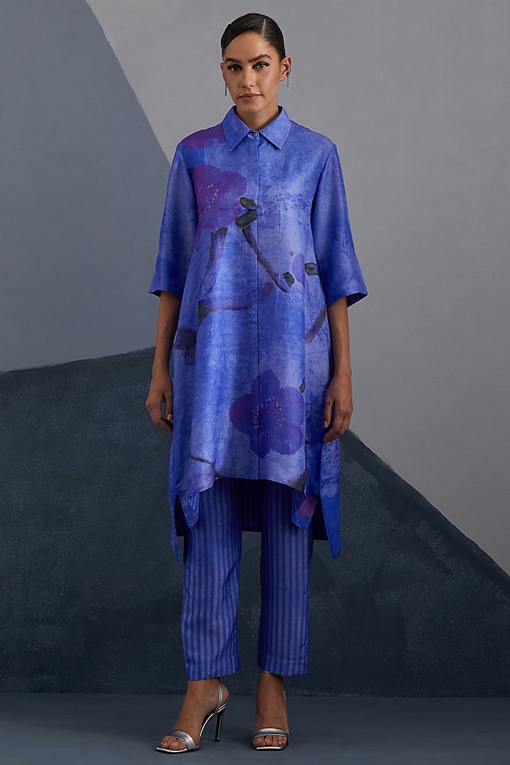Cobalt & Indigo Dupion Silk Printed High-Low Tunic Set by CLOS at Pernia's Pop Up Shop