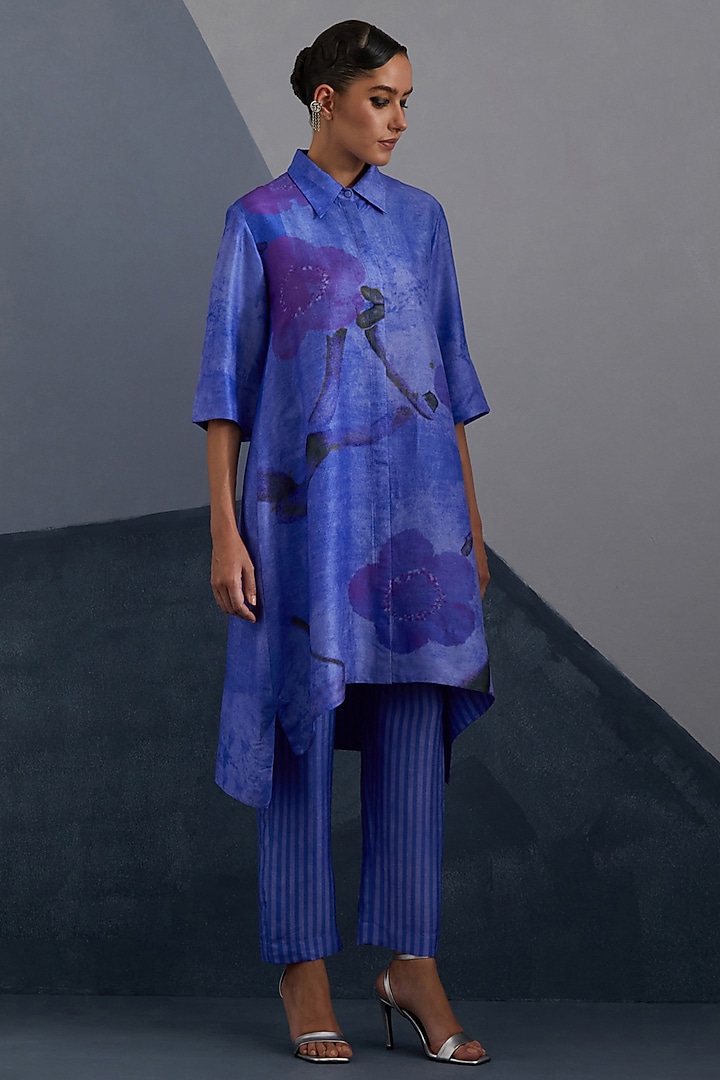 Cobalt & Indigo Dupion Silk Printed High-Low Tunic Set by CLOS at Pernia's Pop Up Shop