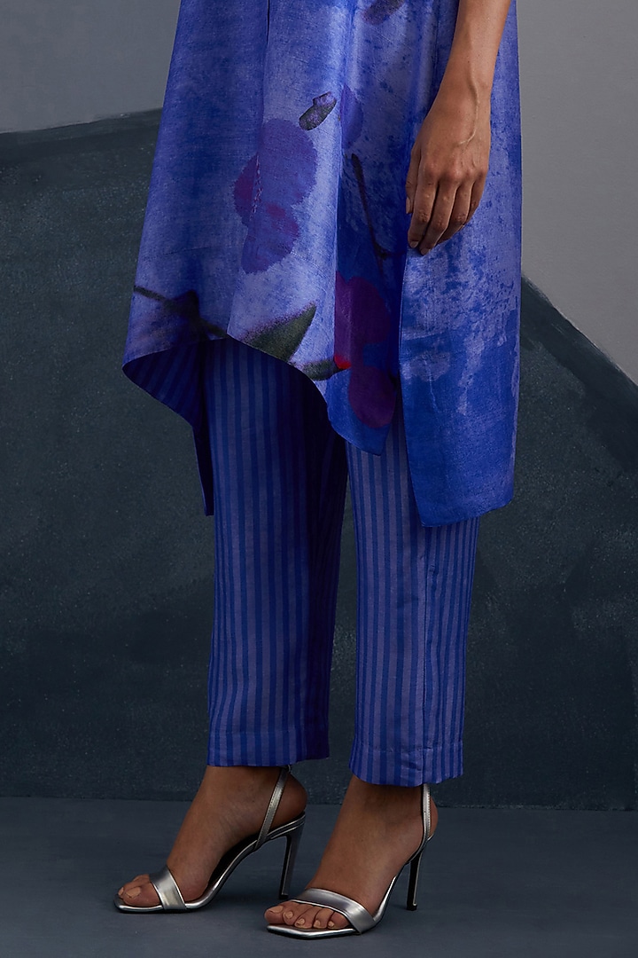 Cobalt & Indigo Dupion Silk Printed High-Low Tunic Set by CLOS at Pernia's Pop Up Shop