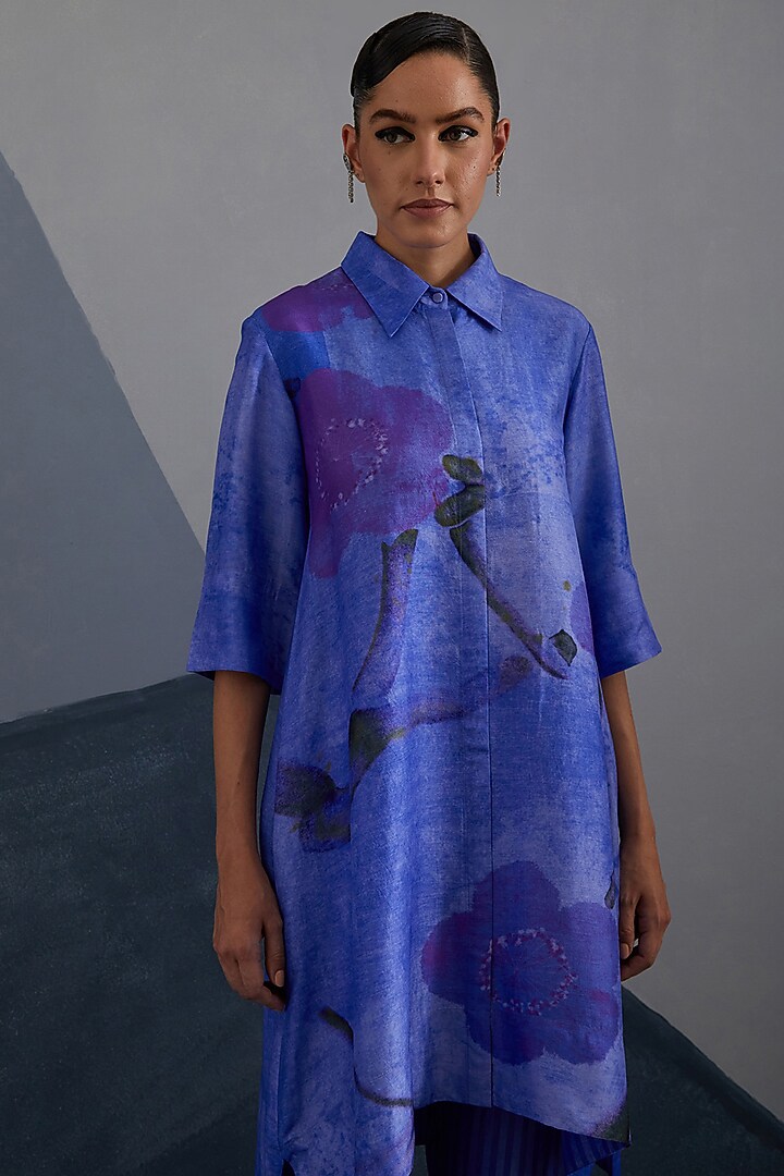 Cobalt & Indigo Dupion Silk Printed High-Low Tunic Set by CLOS at Pernia's Pop Up Shop