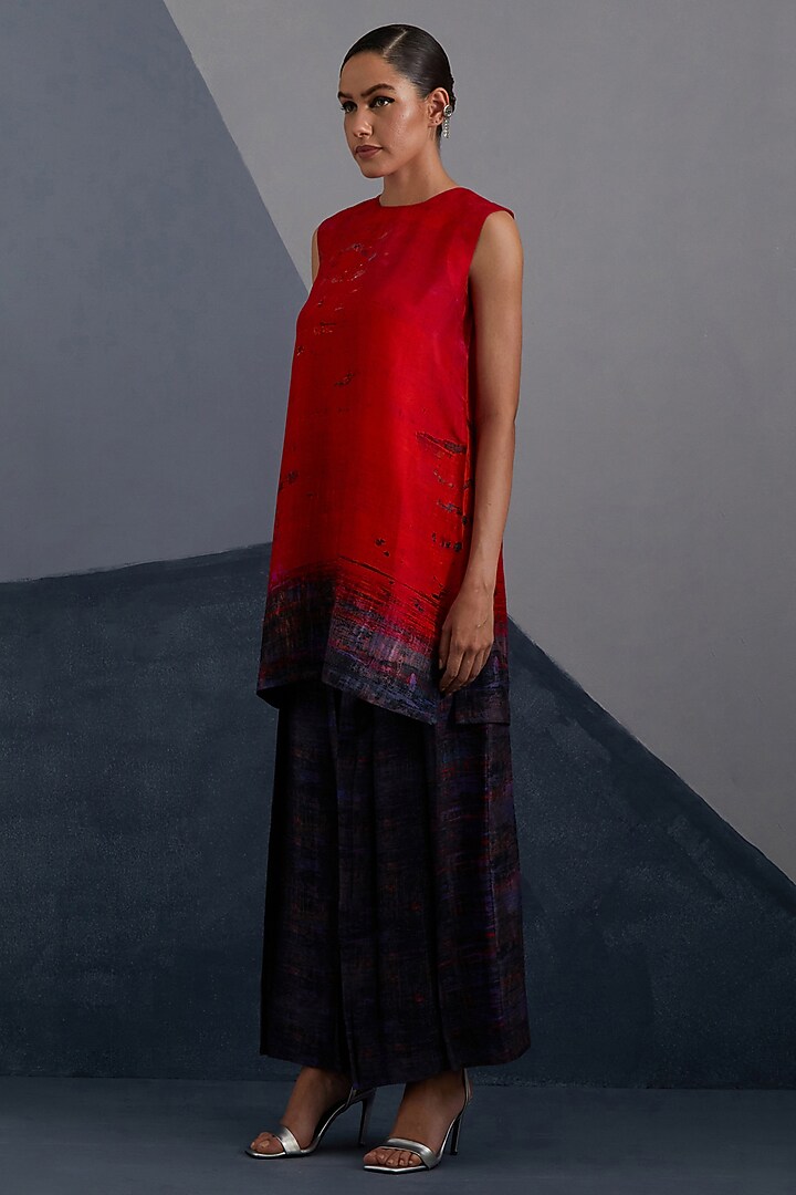 Ruby Red & Slate Black Dupion Silk Printed Boxy Tunic Set by CLOS at Pernia's Pop Up Shop