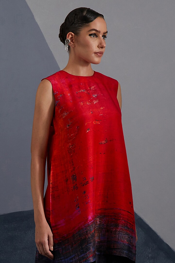 Ruby Red & Slate Black Dupion Silk Printed Boxy Tunic Set by CLOS at Pernia's Pop Up Shop