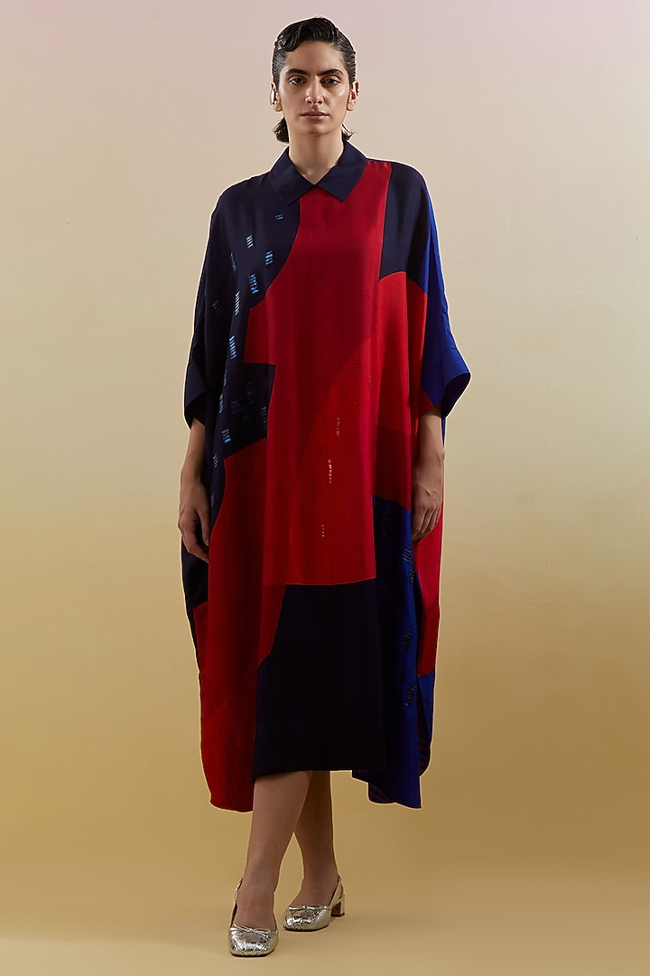 Navy & Red Dupion Silk Printed & Embellished Kaftan by CLOS at Pernia's Pop Up Shop