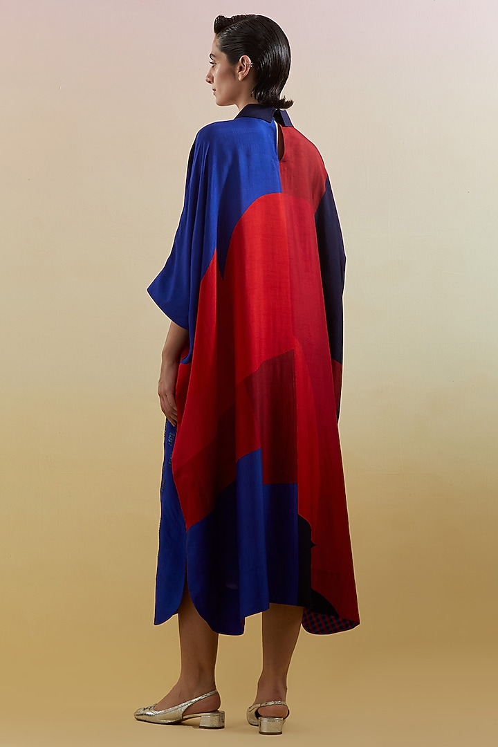 Navy & Red Dupion Silk Printed & Embellished Kaftan by CLOS at Pernia's Pop Up Shop