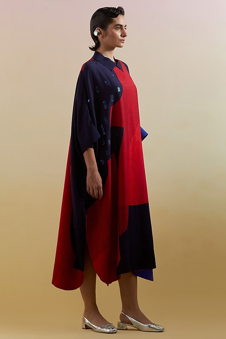 Navy & Red Dupion Silk Printed & Embellished Kaftan by CLOS at Pernia's Pop Up Shop