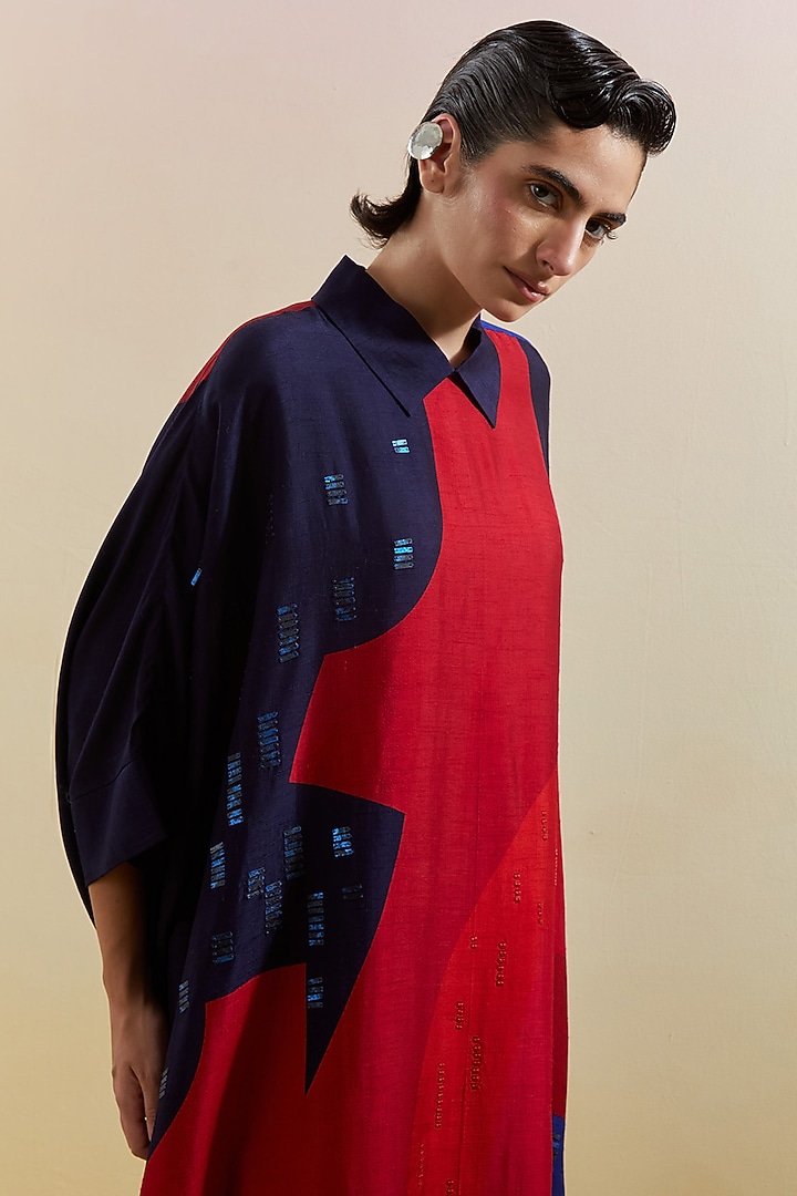 Navy & Red Dupion Silk Printed & Embellished Kaftan by CLOS at Pernia's Pop Up Shop