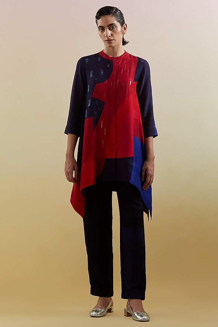Navy Blue & Red Dupion Silk Printed Asymmetrical Tunic Set by CLOS at Pernia's Pop Up Shop