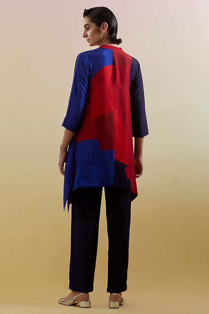 Navy Blue & Red Dupion Silk Printed Asymmetrical Tunic Set by CLOS at Pernia's Pop Up Shop