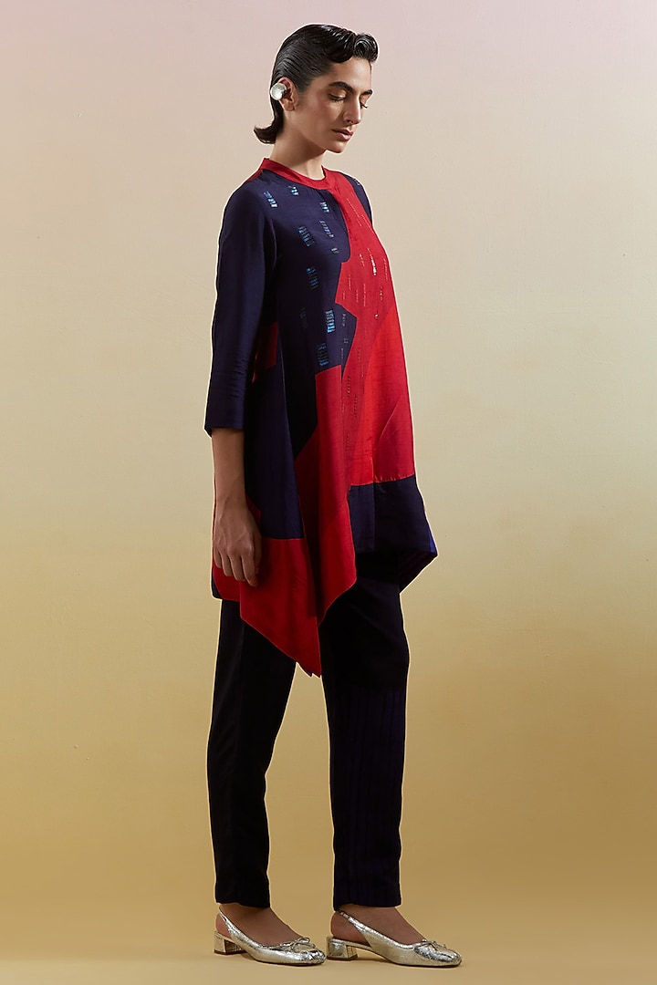 Navy Blue & Red Dupion Silk Printed Asymmetrical Tunic Set by CLOS at Pernia's Pop Up Shop
