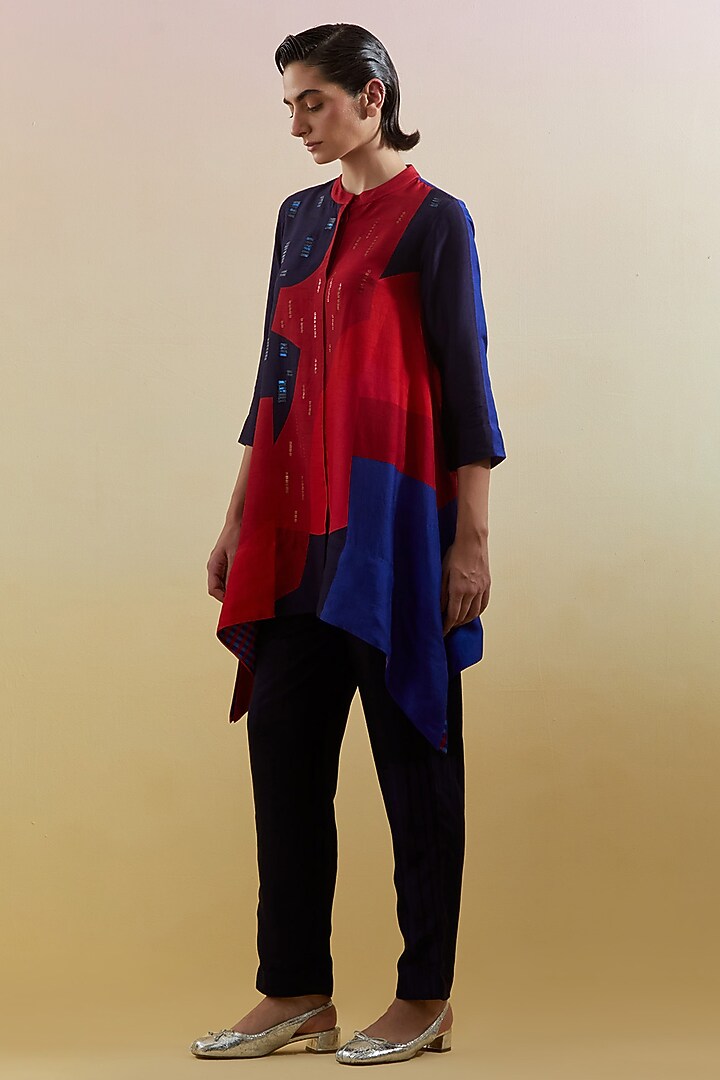 Navy Blue & Red Dupion Silk Printed Asymmetrical Tunic Set by CLOS at Pernia's Pop Up Shop