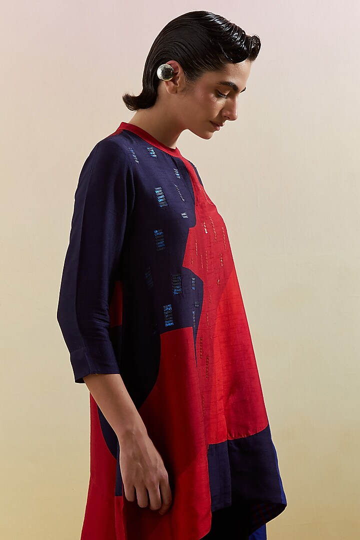 Navy Blue & Red Dupion Silk Printed Asymmetrical Tunic Set by CLOS at Pernia's Pop Up Shop