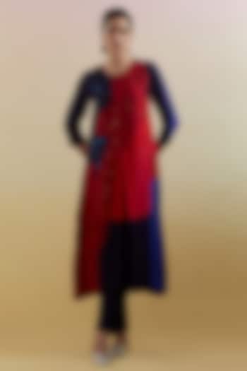 Navy Blue & Red Dupion Silk Printed Kurta Set by CLOS at Pernia's Pop Up Shop