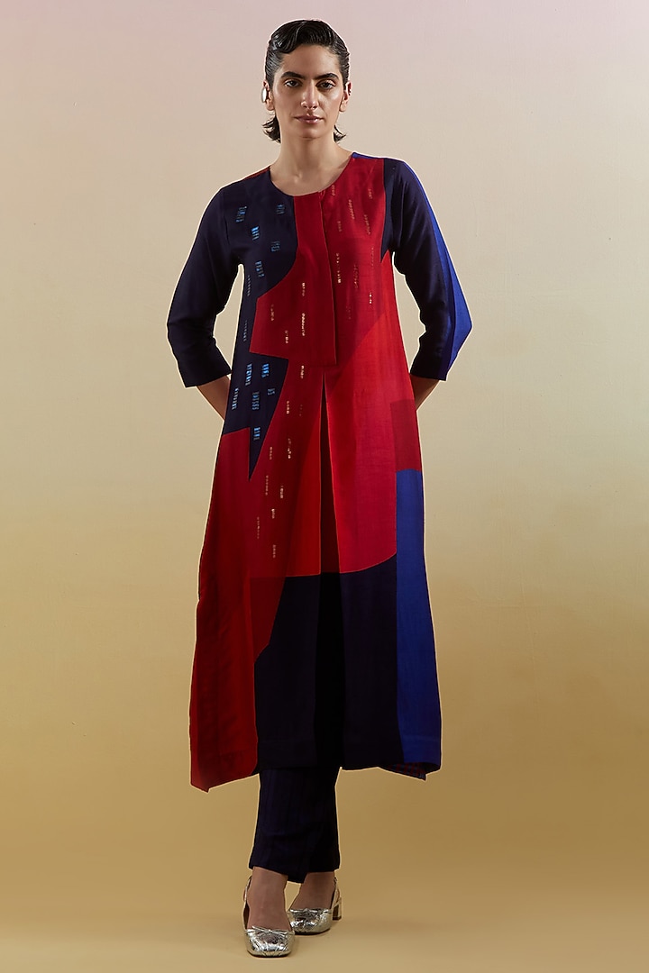 Navy Blue & Red Dupion Silk Printed Kurta Set by CLOS at Pernia's Pop Up Shop