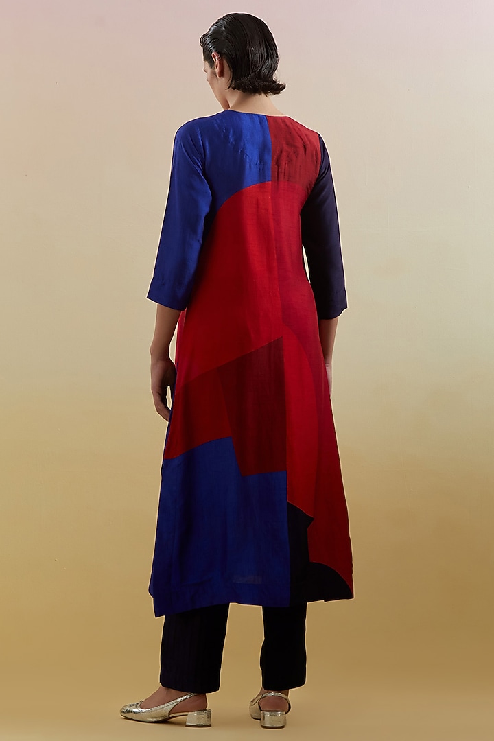 Navy Blue & Red Dupion Silk Printed Kurta Set by CLOS at Pernia's Pop Up Shop