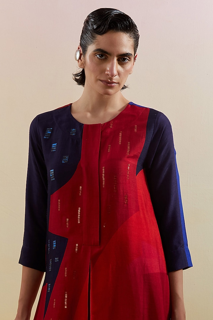 Navy Blue & Red Dupion Silk Printed Kurta Set by CLOS at Pernia's Pop Up Shop