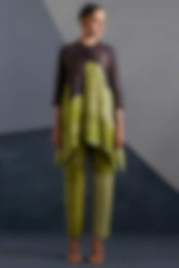 Moss Green & Coffee Brown Dupion Silk Printed Tunic Set by CLOS at Pernia's Pop Up Shop
