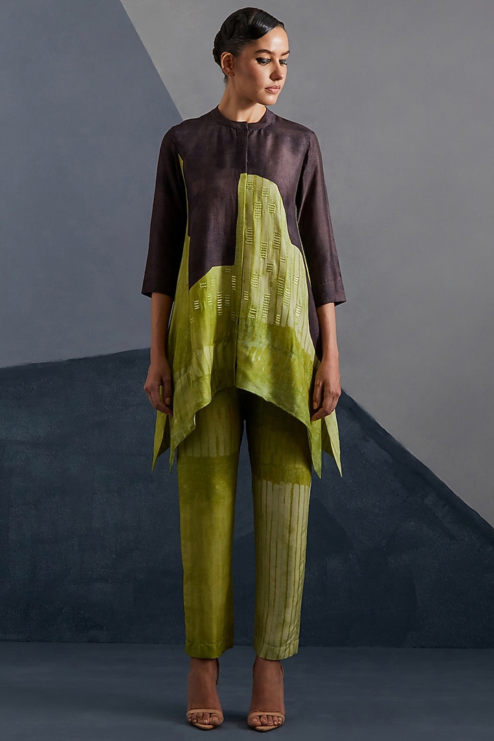 Moss Green & Coffee Brown Dupion Silk Printed Tunic Set by CLOS at Pernia's Pop Up Shop