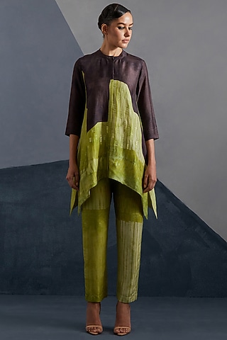 Moss Green & Coffee Brown Dupion Silk Printed Tunic Set by CLOS