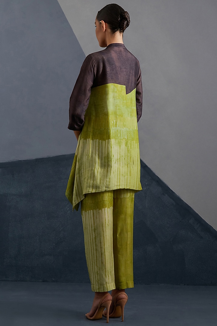 Moss Green & Coffee Brown Dupion Silk Printed Tunic Set by CLOS at Pernia's Pop Up Shop