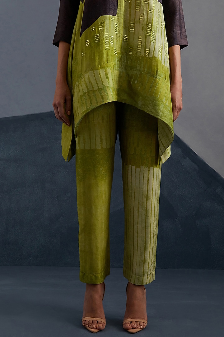 Moss Green & Coffee Brown Dupion Silk Printed Tunic Set by CLOS at Pernia's Pop Up Shop