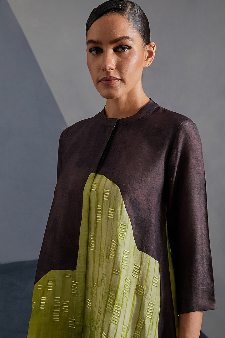 Moss Green & Coffee Brown Dupion Silk Printed Tunic Set by CLOS at Pernia's Pop Up Shop