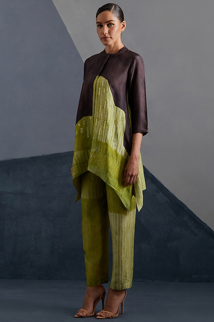 Moss Green & Coffee Brown Dupion Silk Printed Tunic Set by CLOS at Pernia's Pop Up Shop