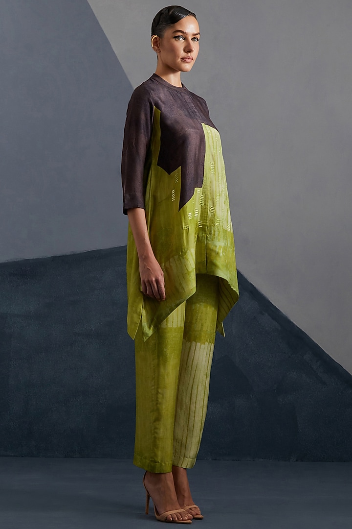 Moss Green & Coffee Brown Dupion Silk Printed Tunic Set by CLOS at Pernia's Pop Up Shop