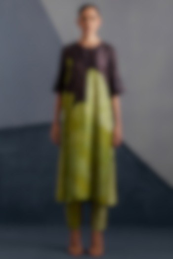 Moss Green & Coffee Brown Dupion Silk Printed Straight Kurta Set by CLOS at Pernia's Pop Up Shop