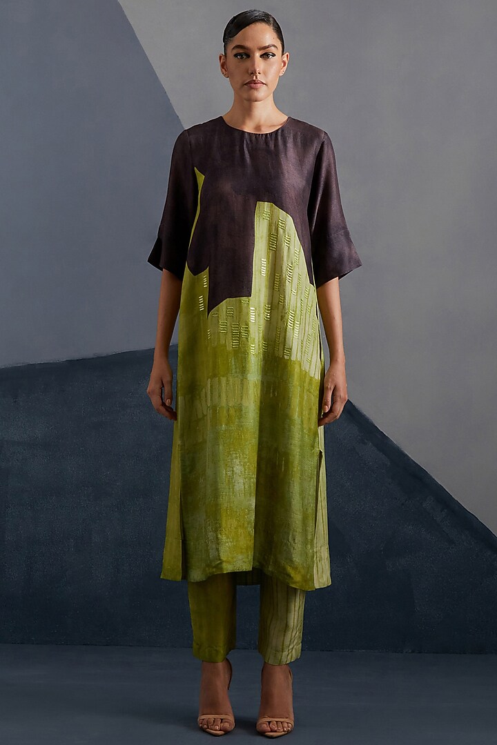 Moss Green & Coffee Brown Dupion Silk Printed Straight Kurta Set by CLOS at Pernia's Pop Up Shop