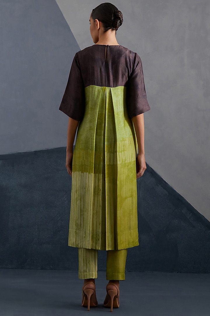 Moss Green & Coffee Brown Dupion Silk Printed Straight Kurta Set by CLOS at Pernia's Pop Up Shop