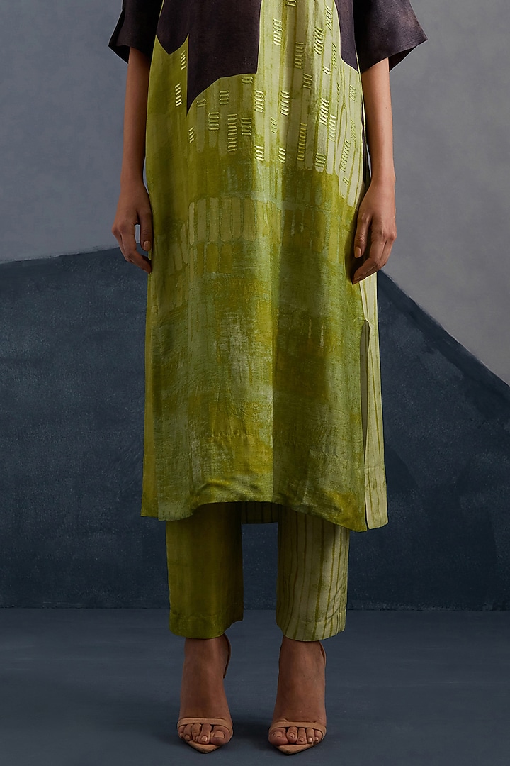 Moss Green & Coffee Brown Dupion Silk Printed Straight Kurta Set by CLOS at Pernia's Pop Up Shop