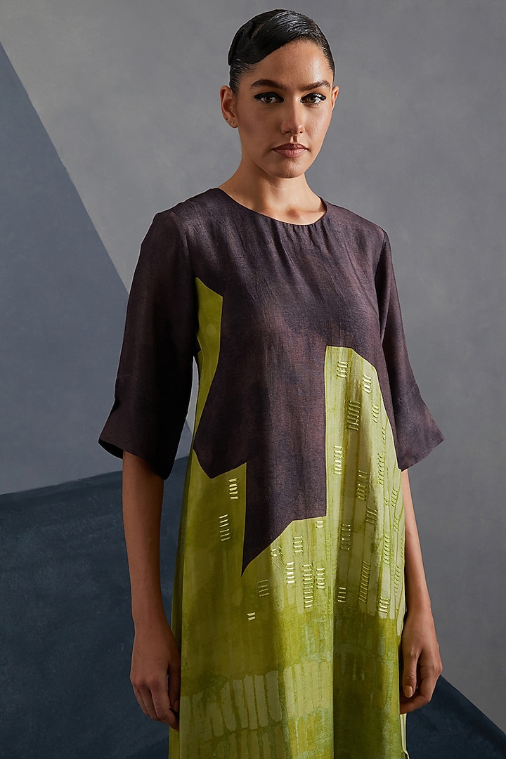 Moss Green & Coffee Brown Dupion Silk Printed Straight Kurta Set by CLOS at Pernia's Pop Up Shop