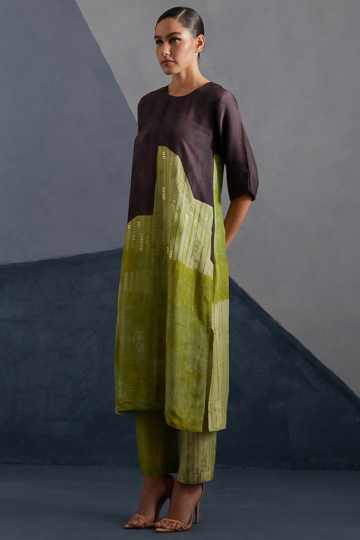 Moss Green & Coffee Brown Dupion Silk Printed Straight Kurta Set by CLOS at Pernia's Pop Up Shop