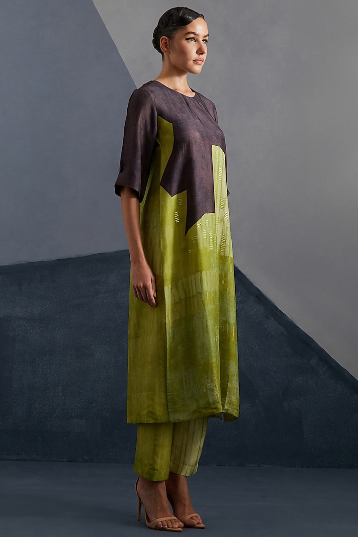 Moss Green & Coffee Brown Dupion Silk Printed Straight Kurta Set by CLOS at Pernia's Pop Up Shop