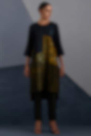 Midnight Blue & Gold Dupion Silk Printed Asymmetric Tunic Set by CLOS at Pernia's Pop Up Shop
