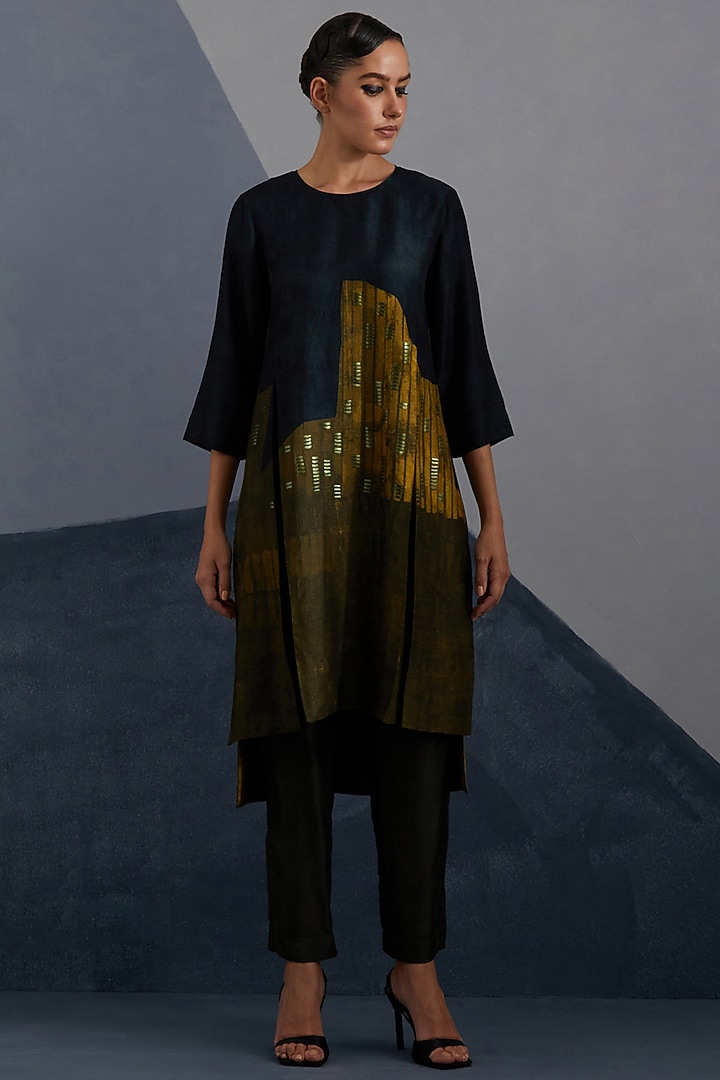 Midnight Blue & Gold Dupion Silk Printed Asymmetric Tunic Set by CLOS at Pernia's Pop Up Shop